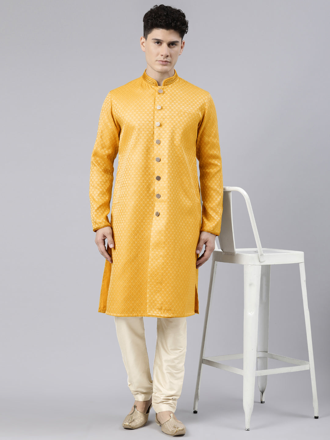 Mustard Diamond Booti Front Open Kurta Set