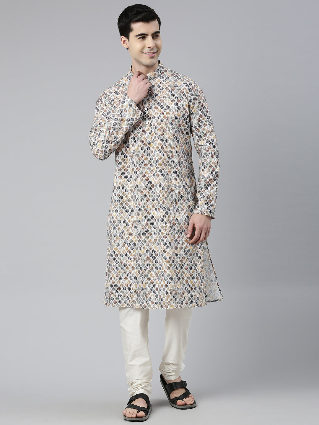 Beige Leaf Printed Kurta Set