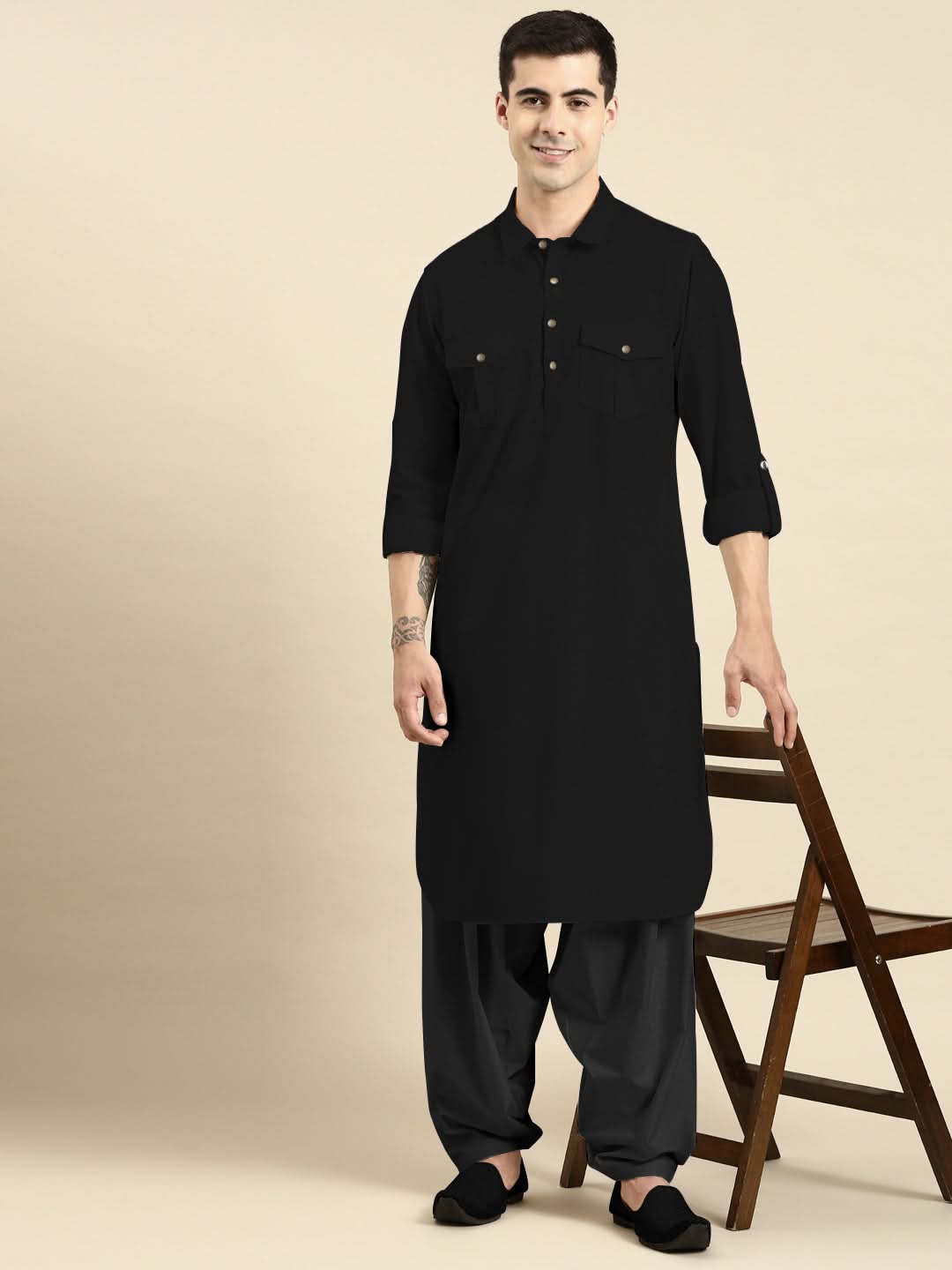 Black Fine Cotton Pathani With Salwar