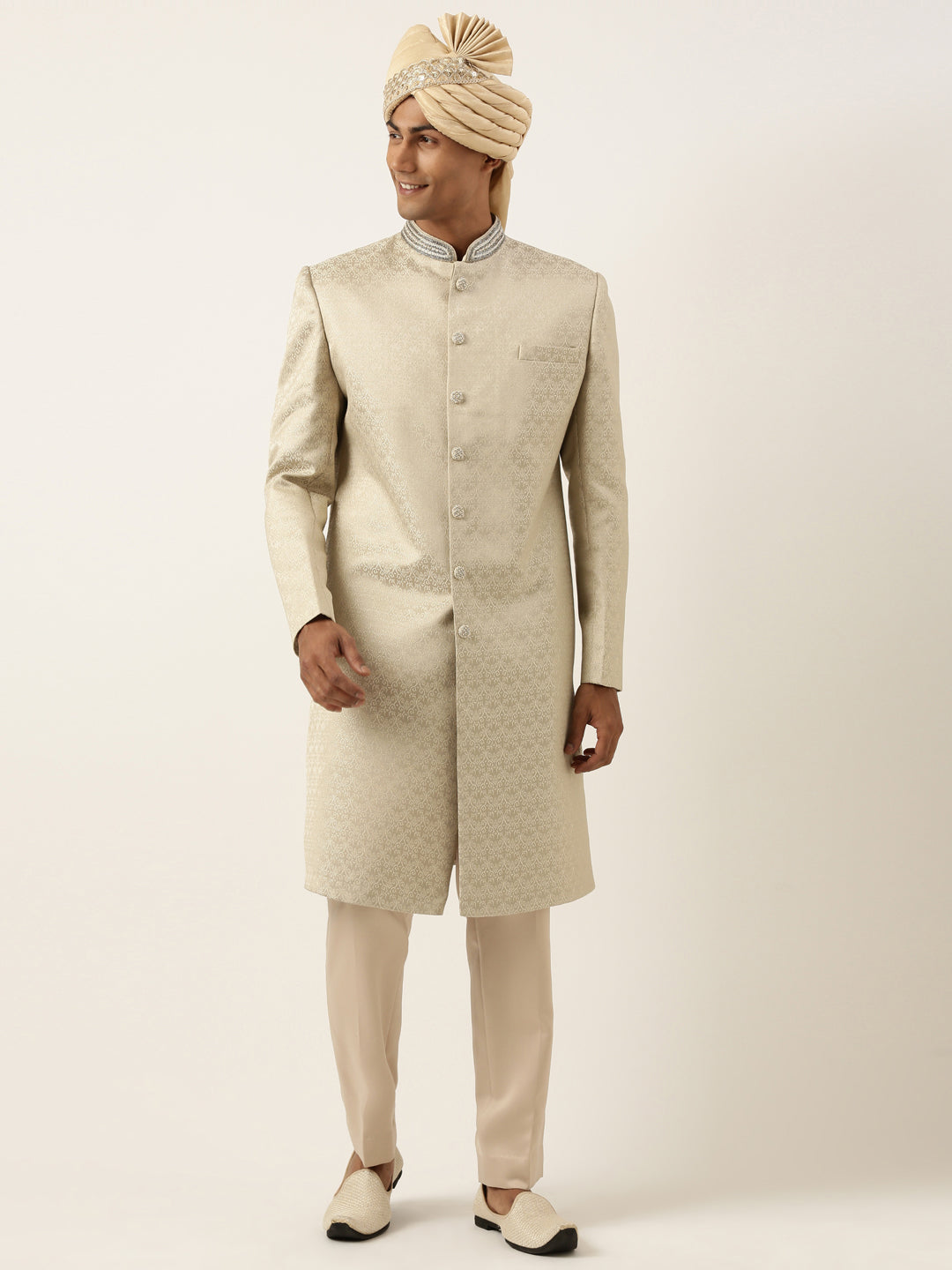 Beige Gold Jacquard Achkan Set