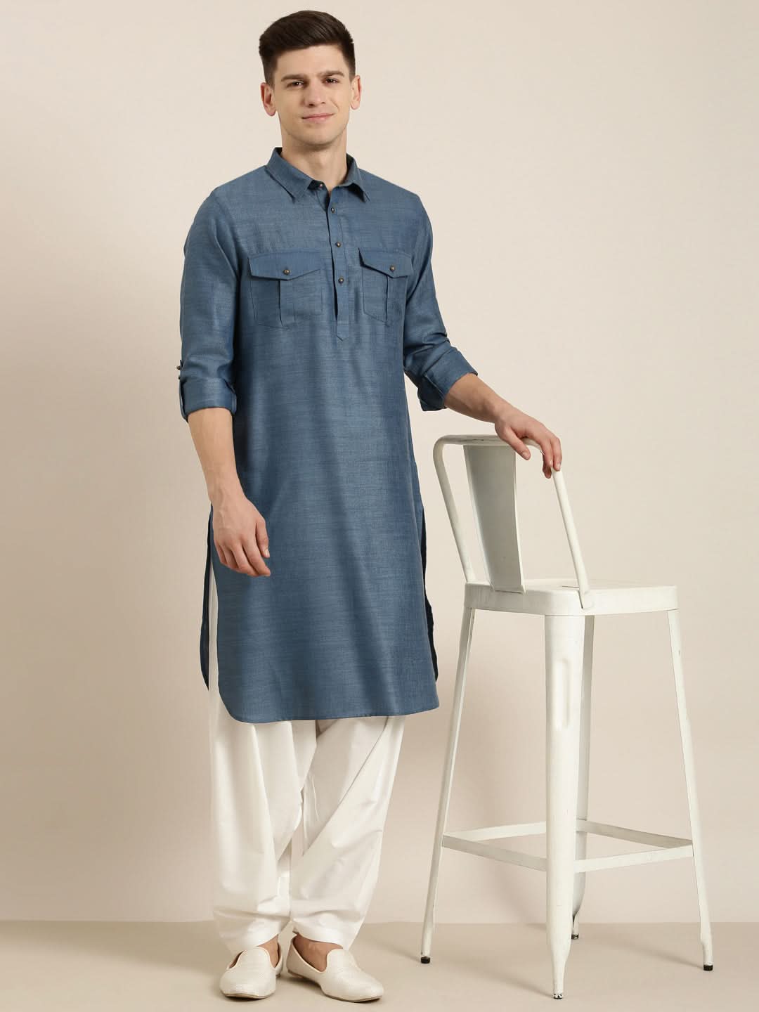Denim Blue Cotton Pathani With Salwar