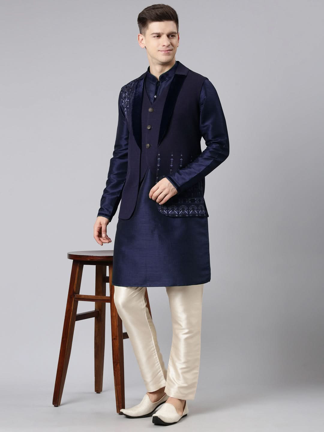 Dark Blue Layered lapel Style Jacket Kurta Set