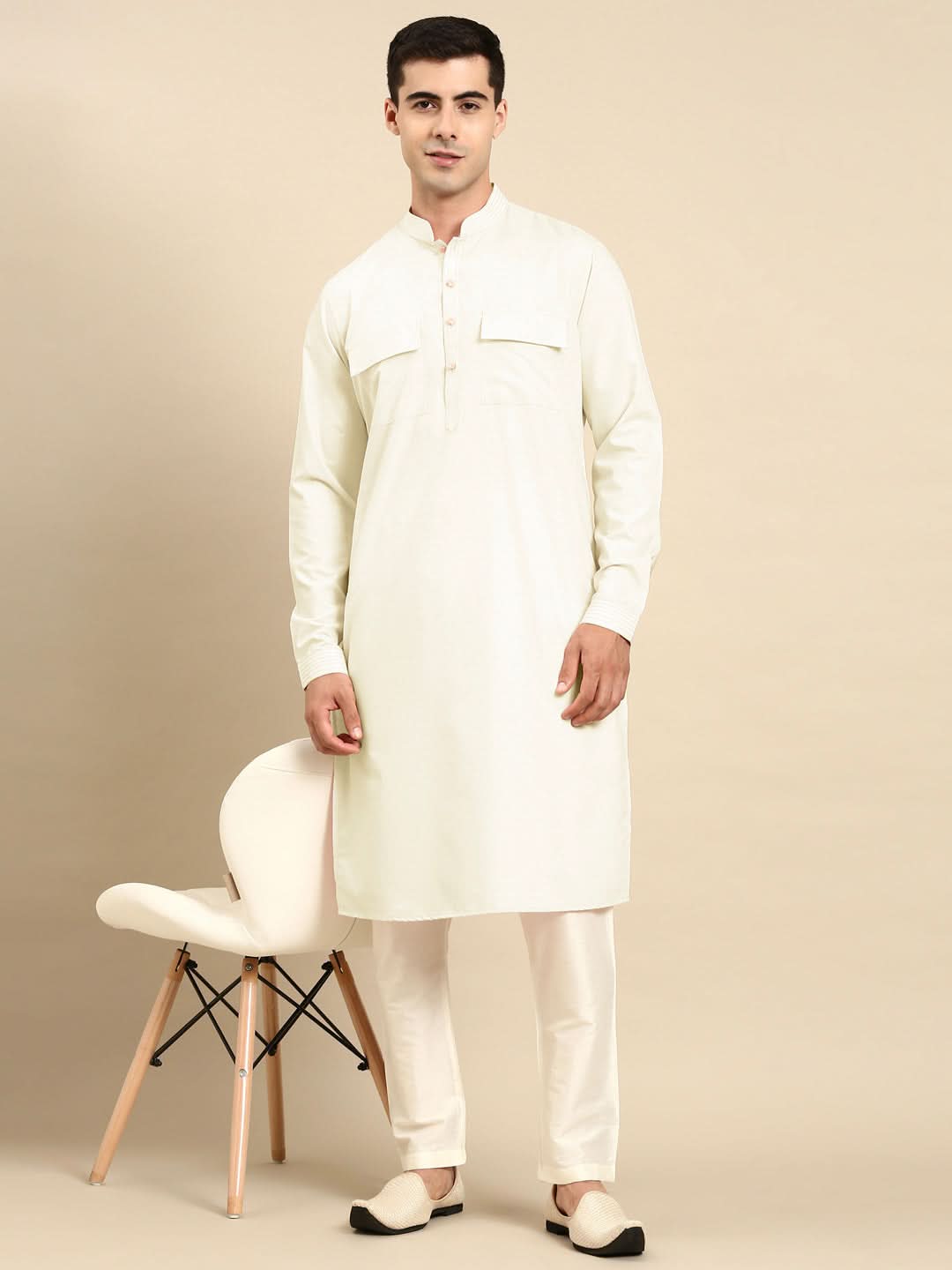 Cream Pure Cotton Pathani Kurta Set with Patch Pocket