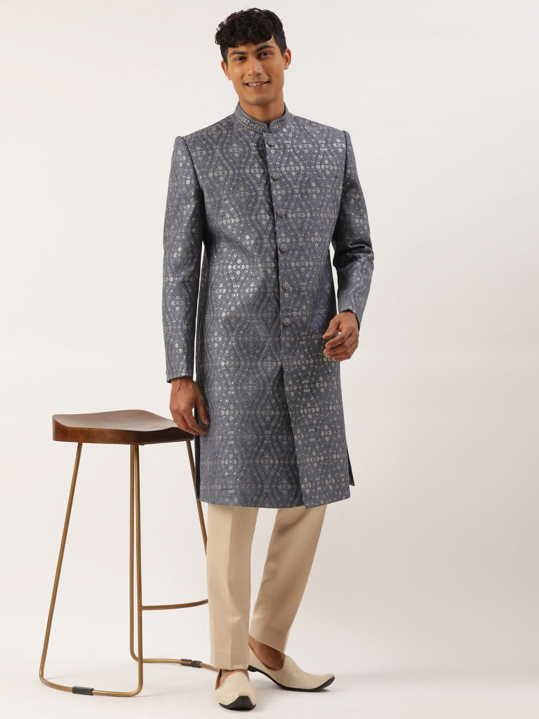 Grey silk Embroidered Indowestern
