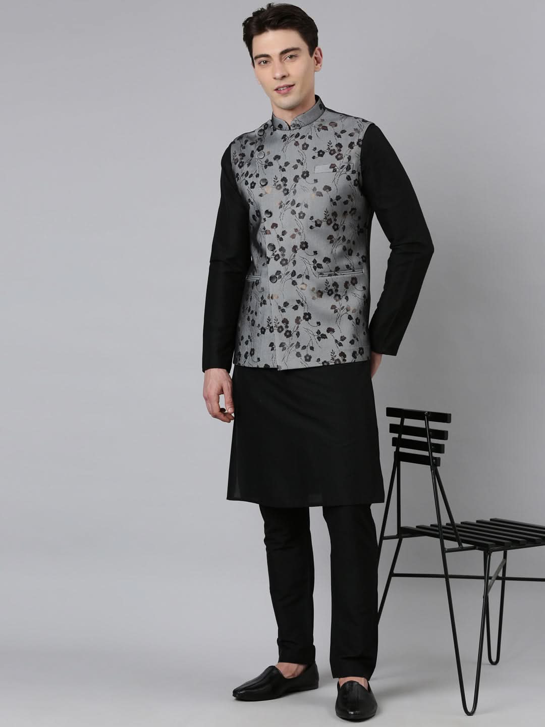 Black Net Printed Jacket With Black Kurta