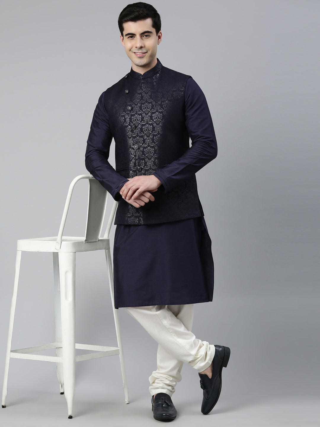 Midnight Blue Jacquard Jacket With Navy Kurta