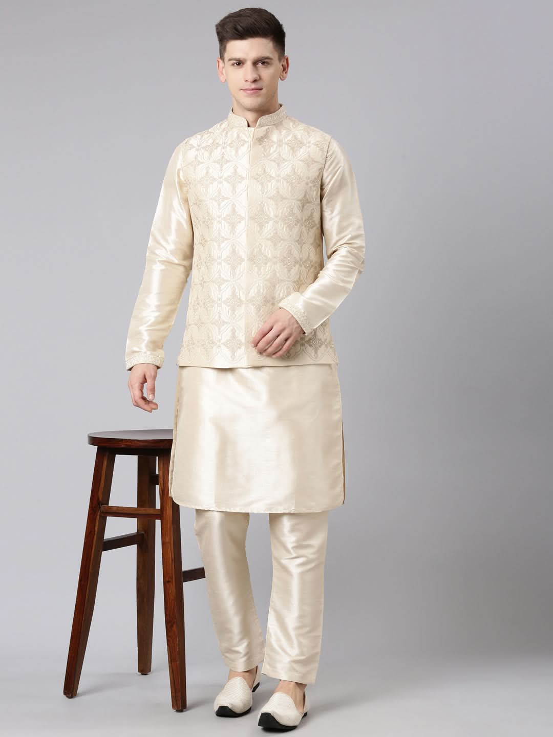 Beige Dori Embroidery Jacket Kurta Set