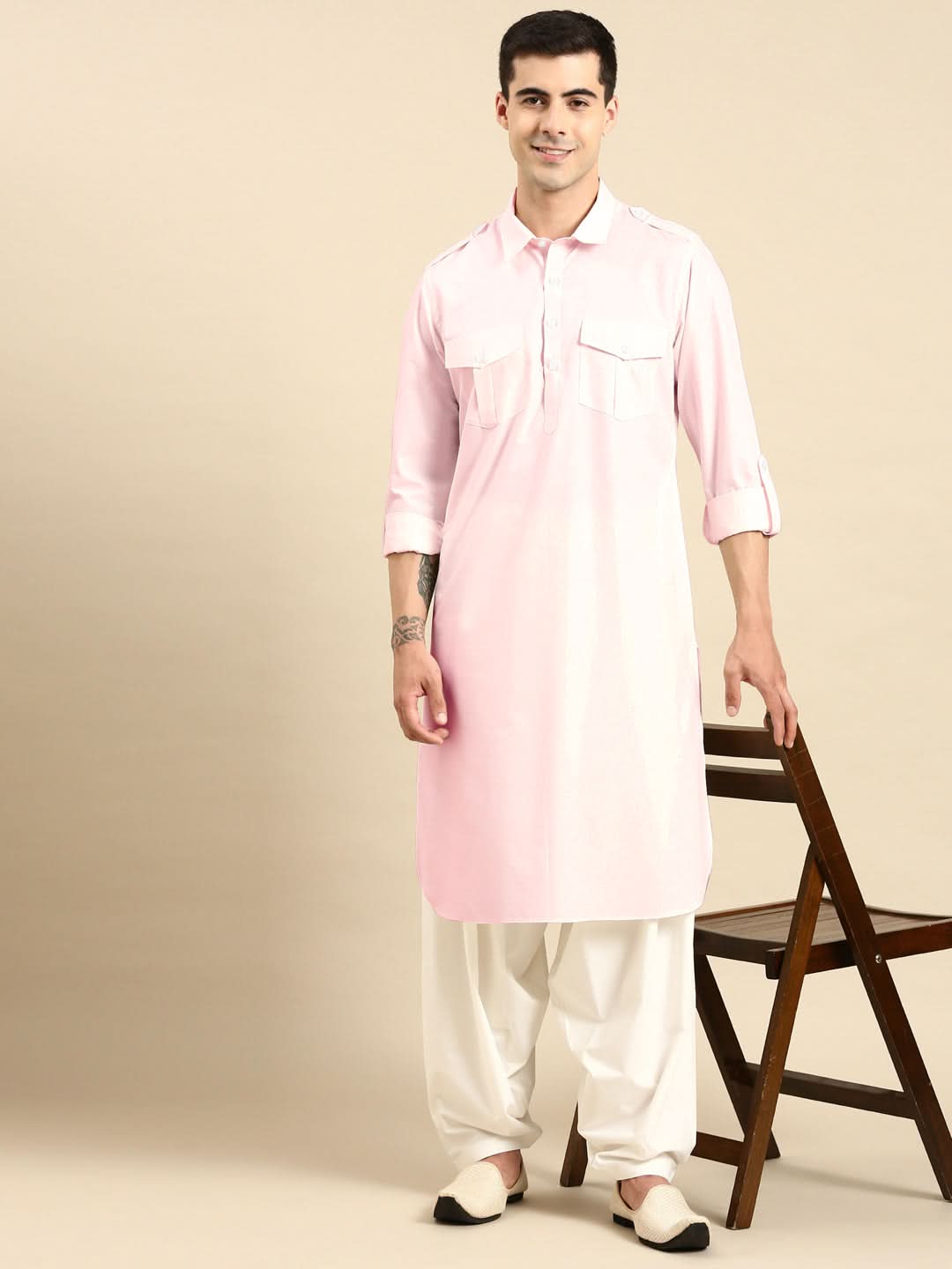 Light Pink fine Cotton Pathani with Salwar