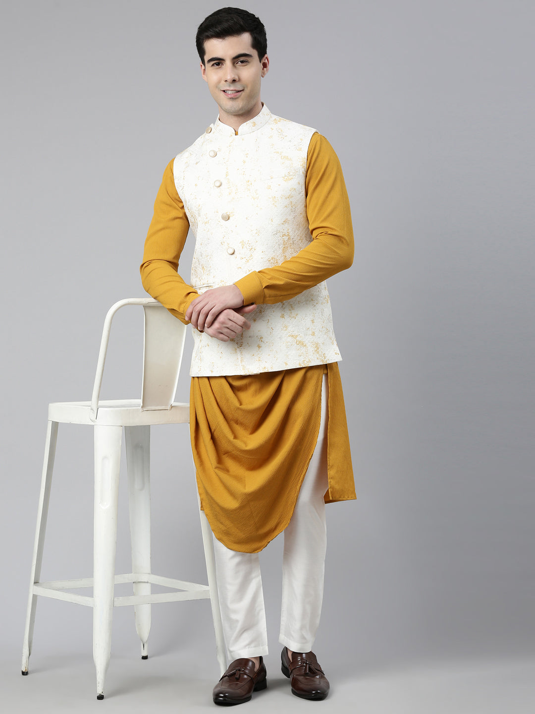 Cream Mustard Printed Jacket With Mustard Draped Kurta