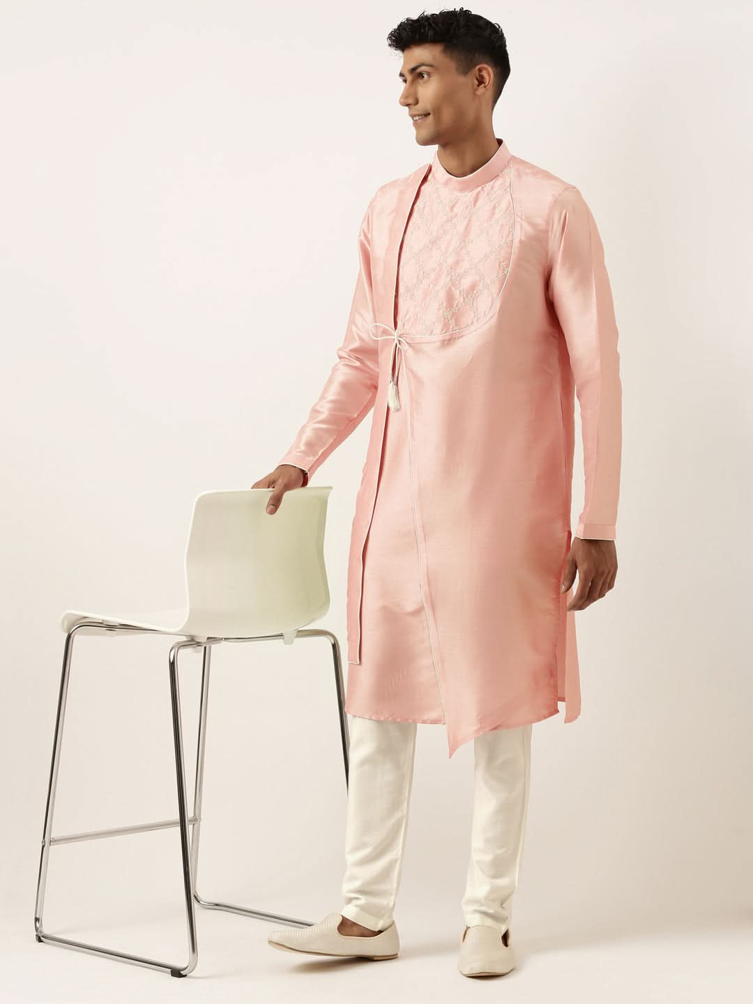 Peach Silk Embroidery Angrakha Kurta Set