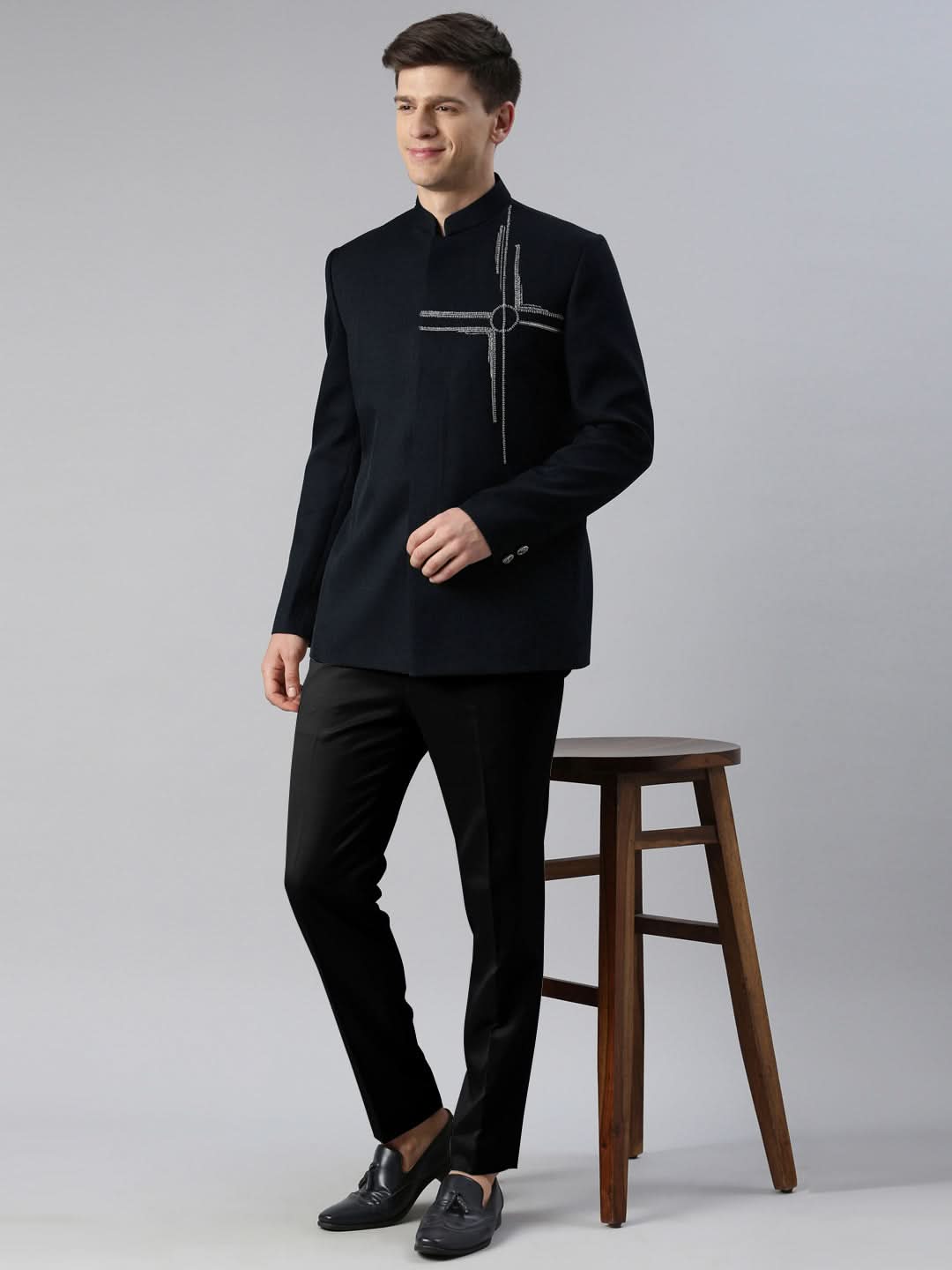 Navy Blue Embroidered Bandhgala