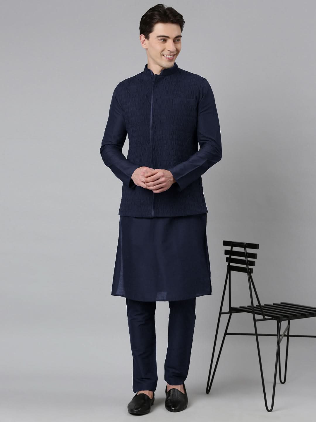 Navy Ruching Jacket Kurta Set
