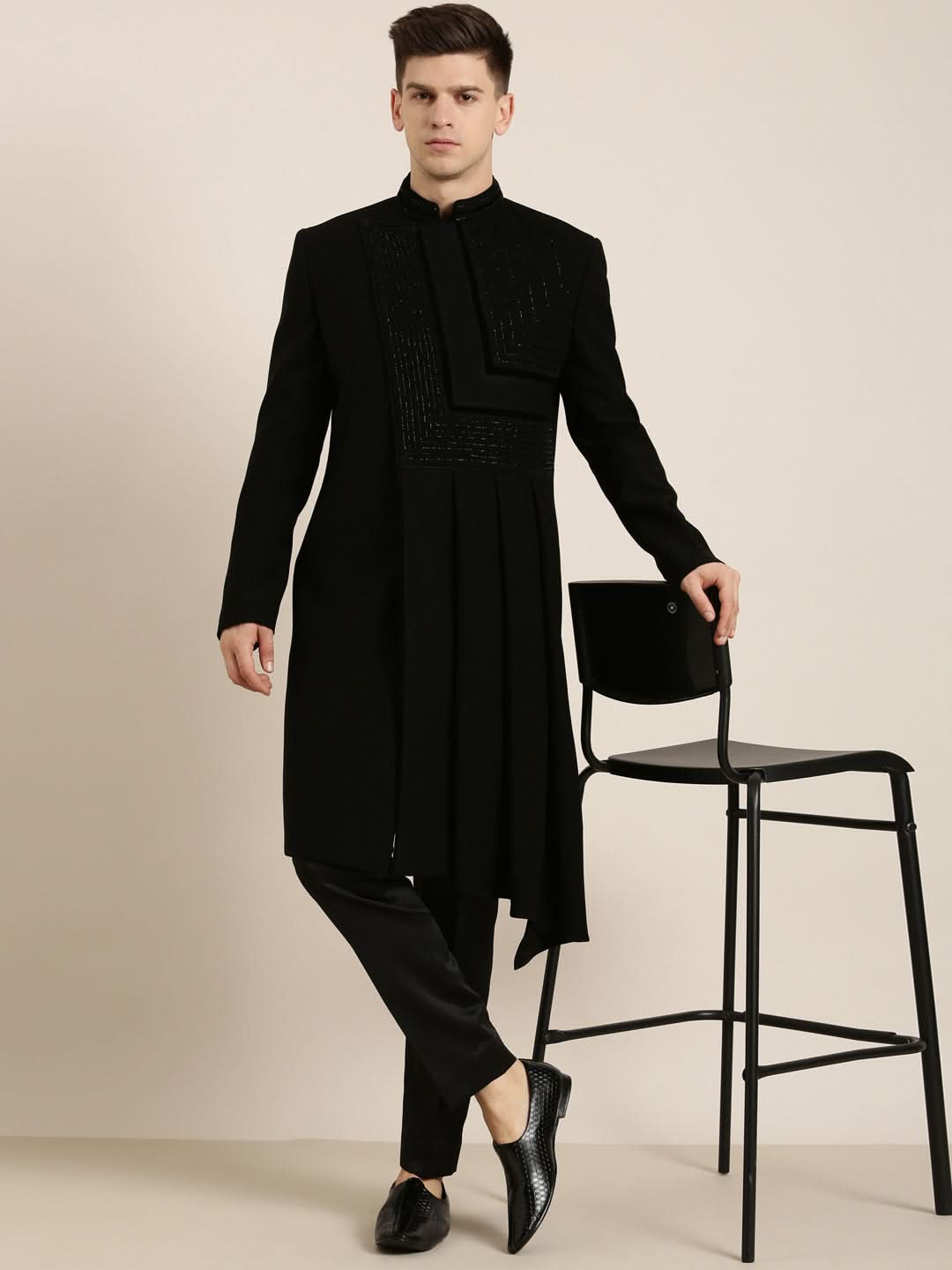 Black Draped Embroidered Indowestern