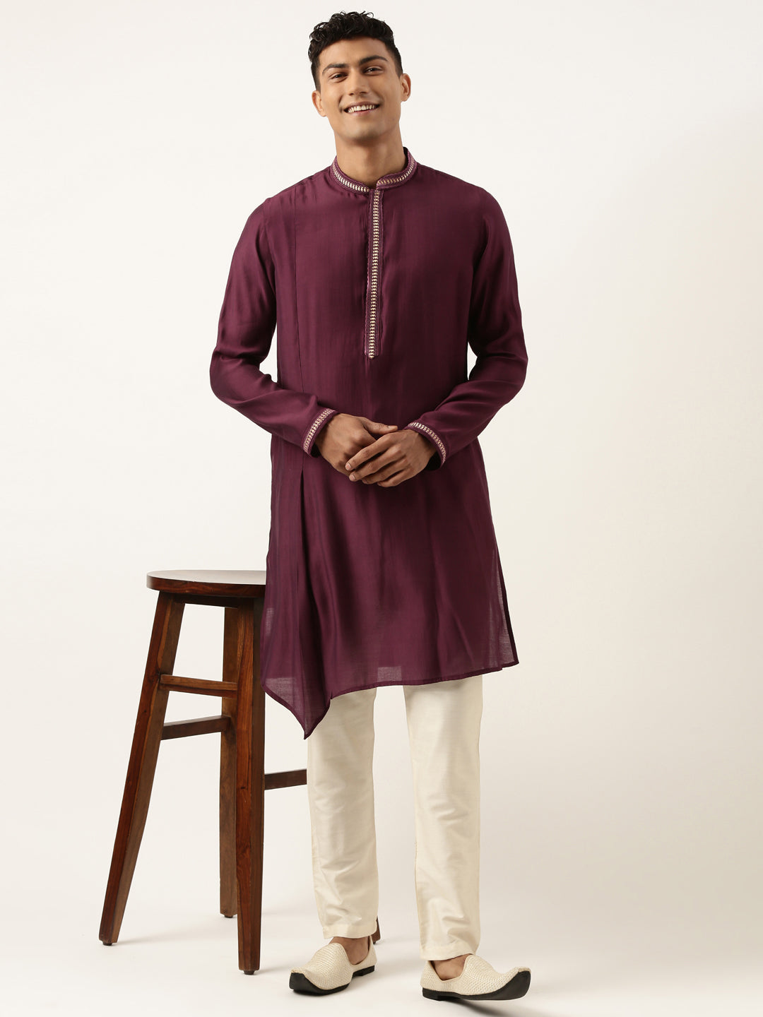 Wine Asymetric Embroidered Kurta Set