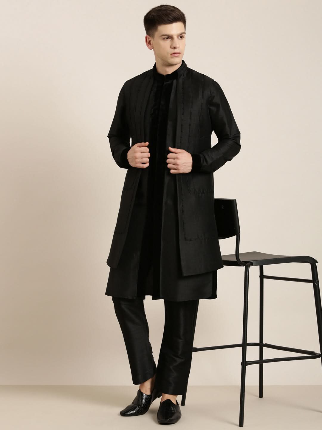 Black Long Jacket Kurta Set