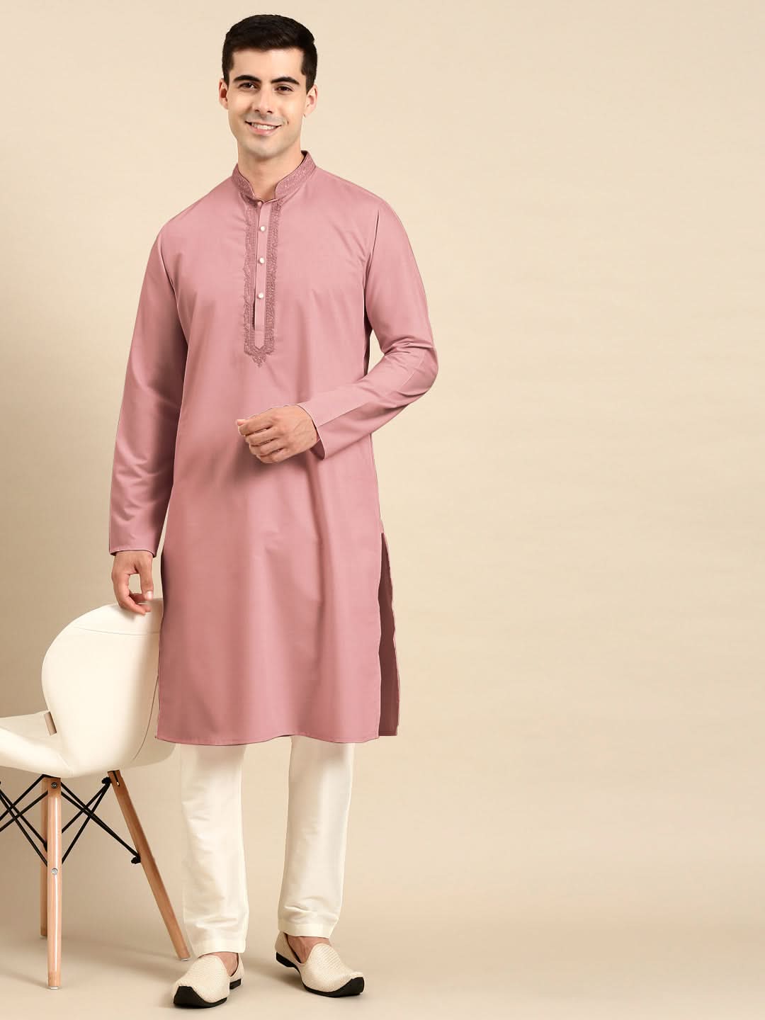 Rose Pink Cotton Dori Embroidered Kurta Set
