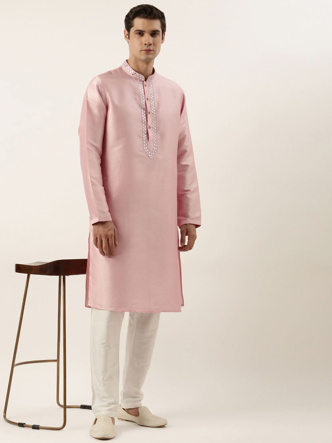 Pink Silk Mirror Embroidered Kurta Set