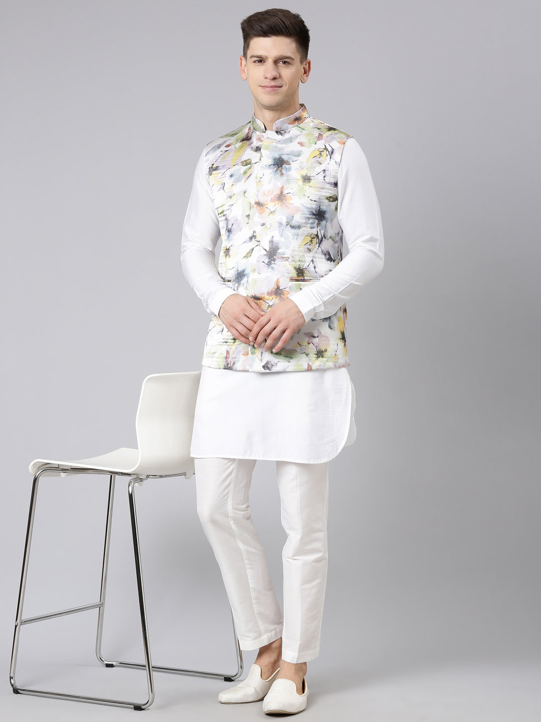 Floral Print Jacket With white Short kurta