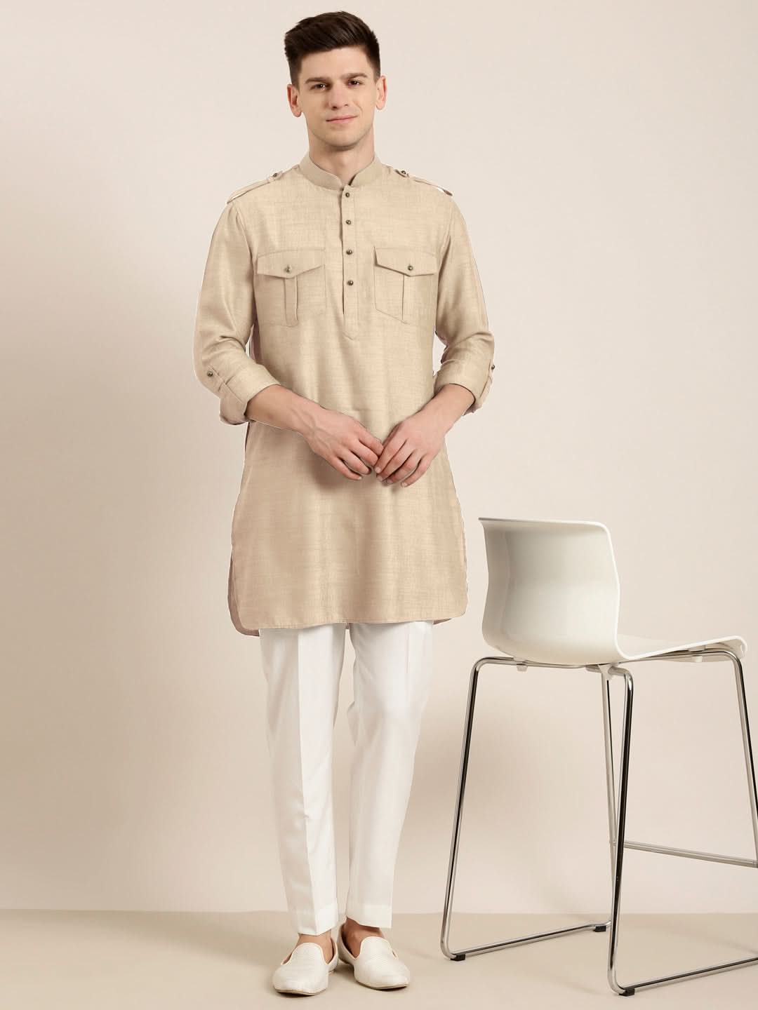 Beige cotton Short Pathani