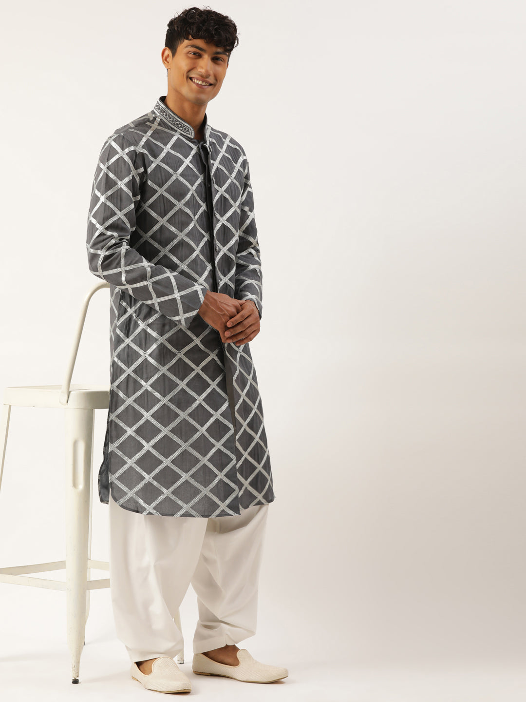 Grey Gota Embroidery Kurta Set