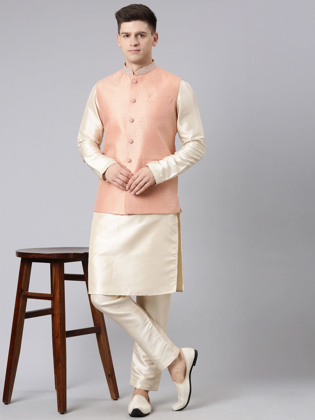 Orange Jacquard Jacket Kurta Set