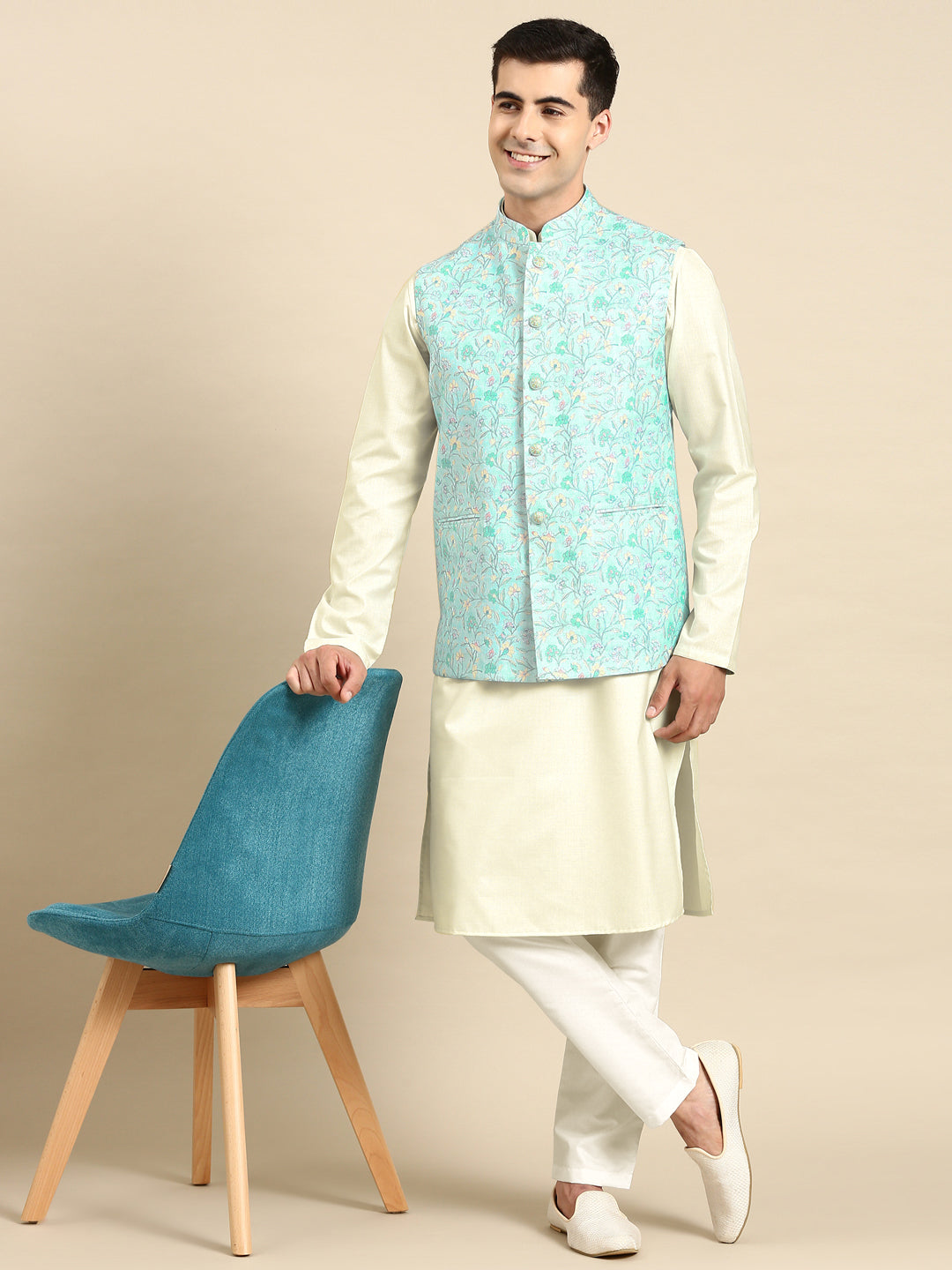 Light Pastel Blue Linen Jacket with Kurta Set