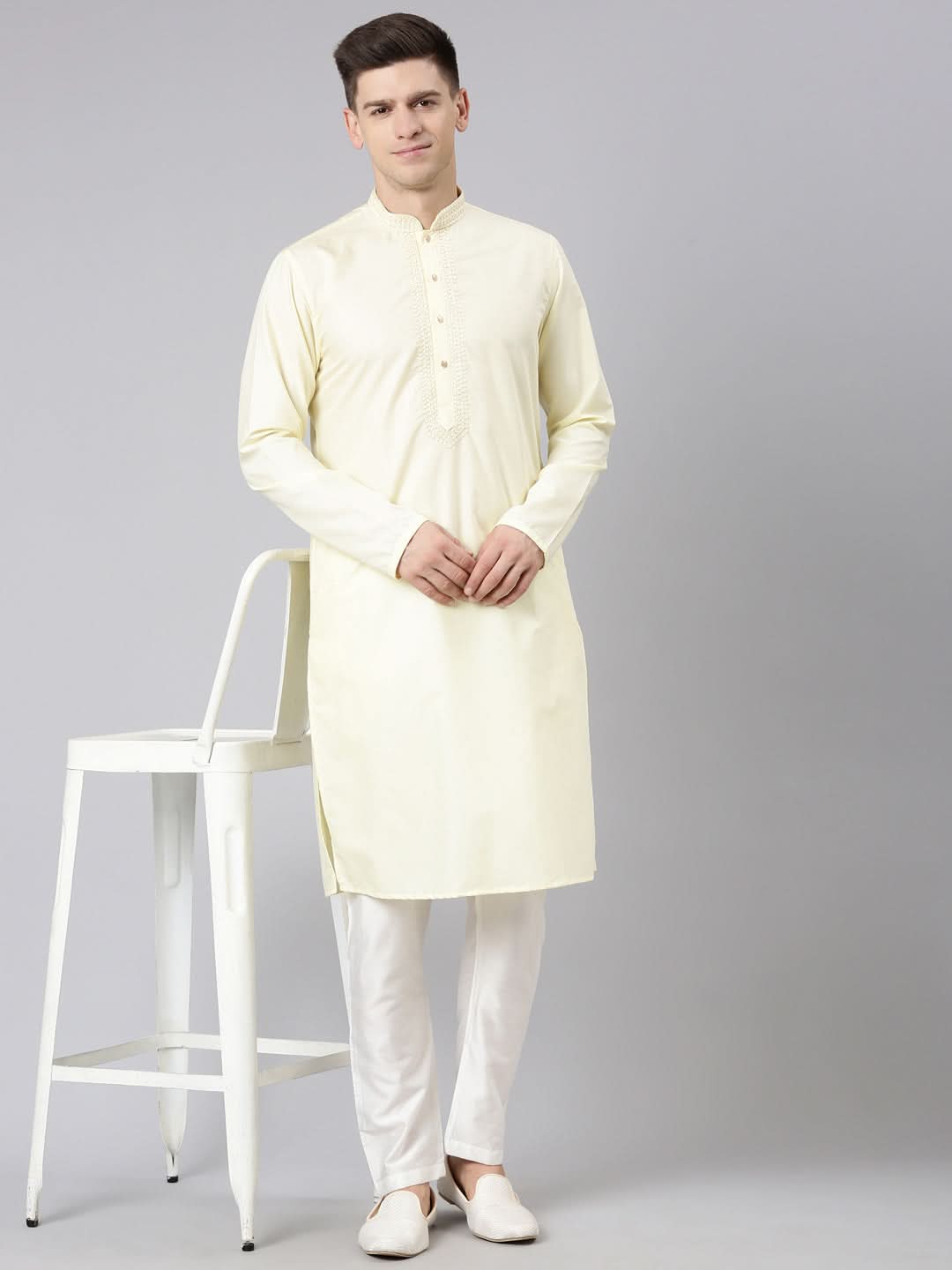 Lemon Cotton Dori Embroidery Kurta Set