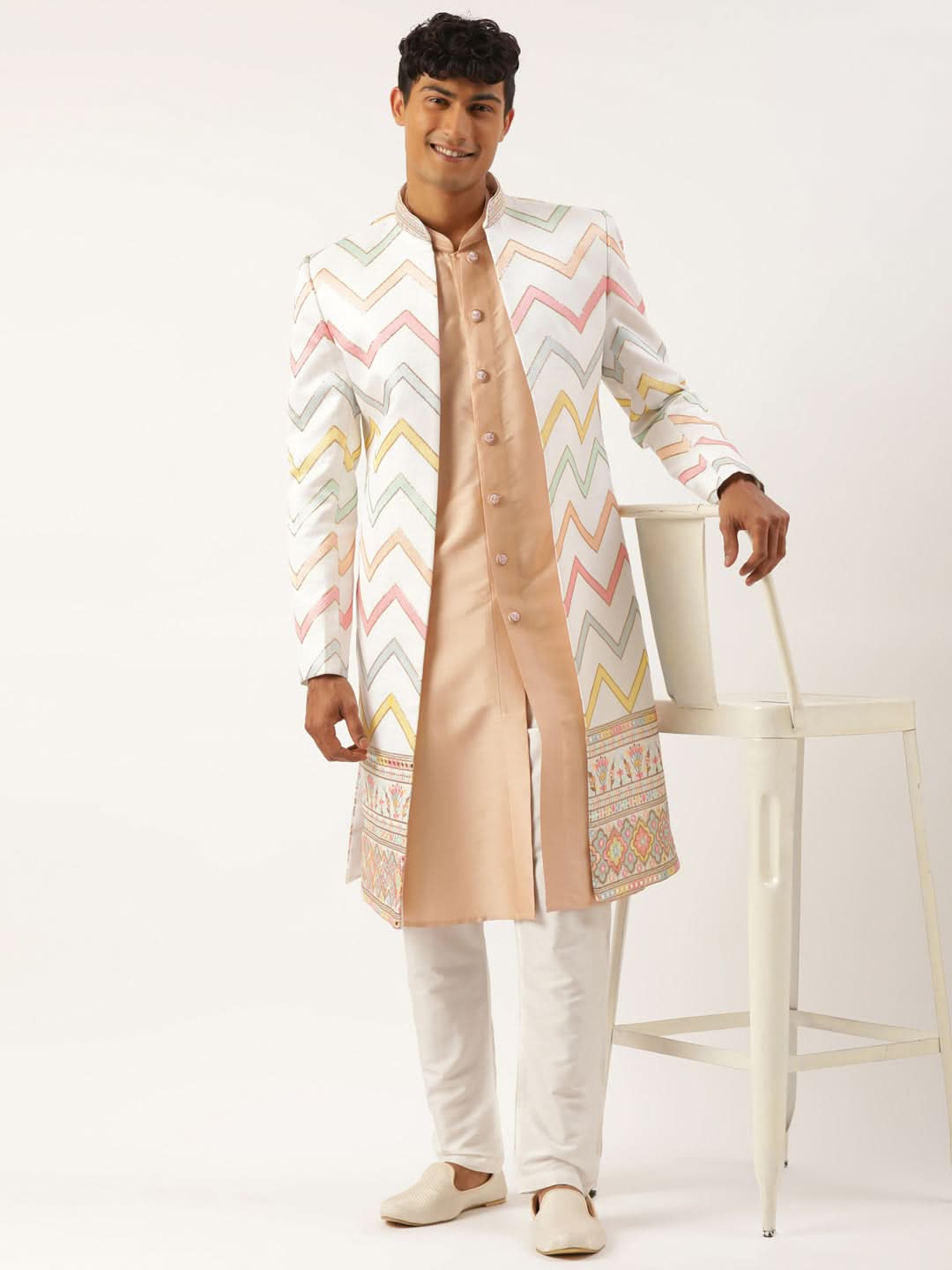 White Embroidered Open Indowestern Set