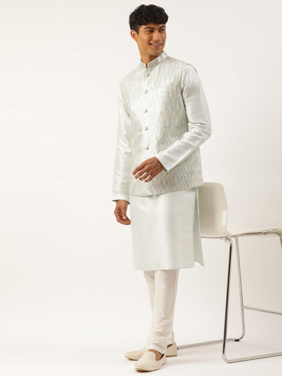 Sky Blue Sequin Embroidered Jacket Kurta Set