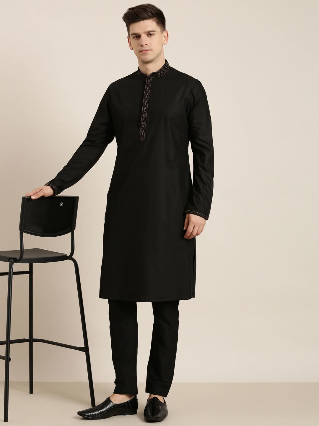 Black Cotton Dori Embroidery Kurta Set