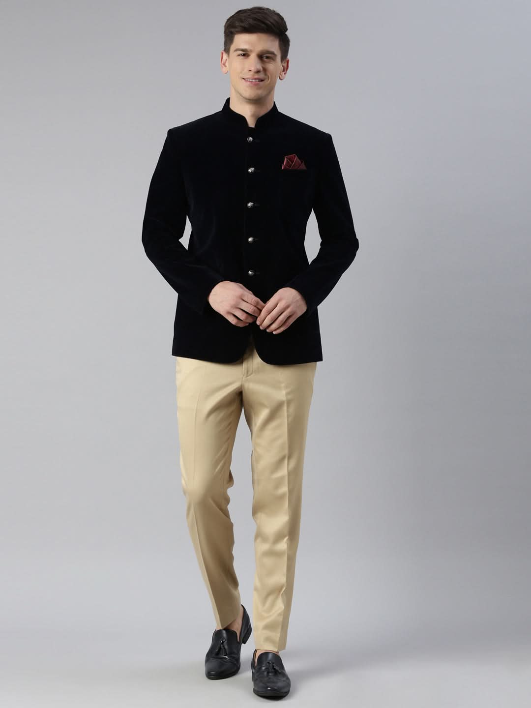 Navy velvet patch pocket jodhpuri set