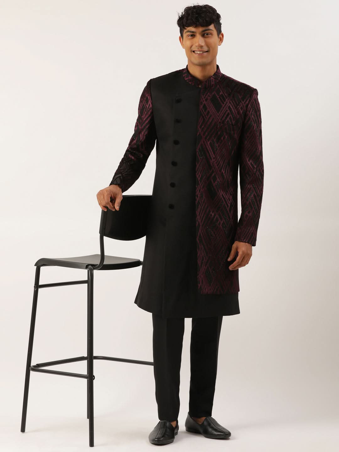 Wine Velvet Angrakha Layered Indowestern