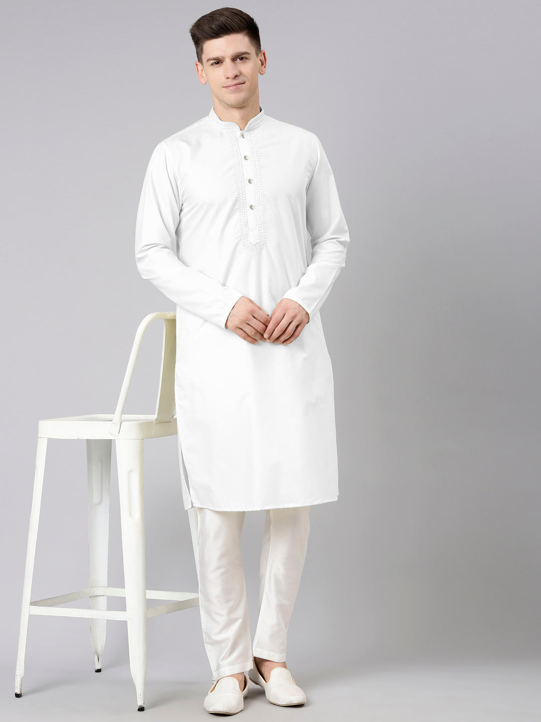 White Cotton Dori Embroidery Kurta Set