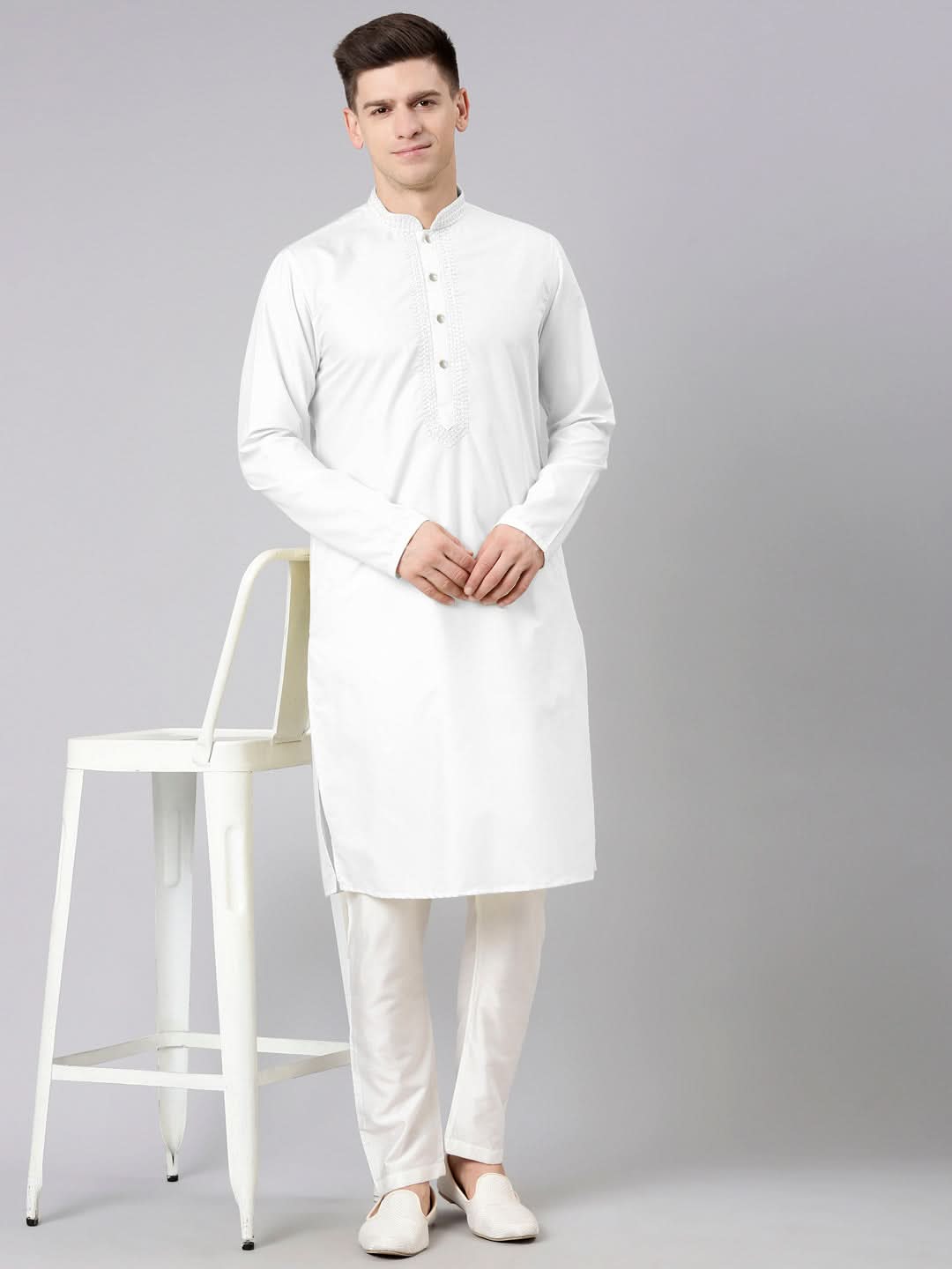 White Cotton Dori Embroidery Kurta Set