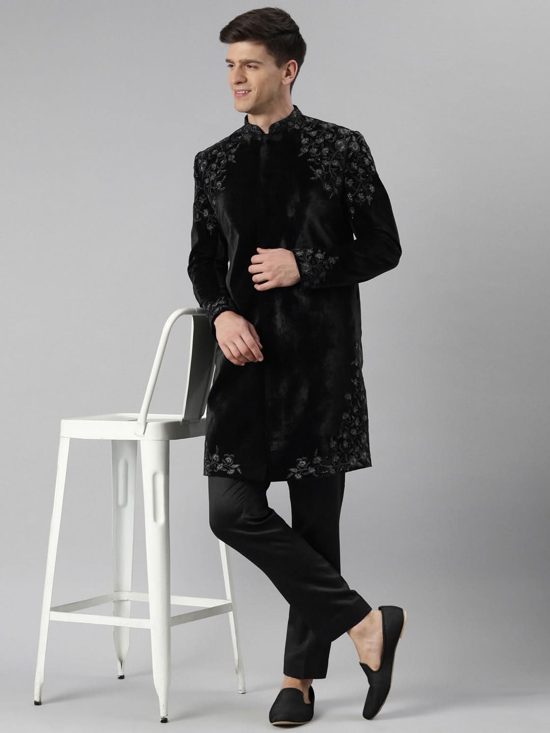Black velvet embroidery Achkan