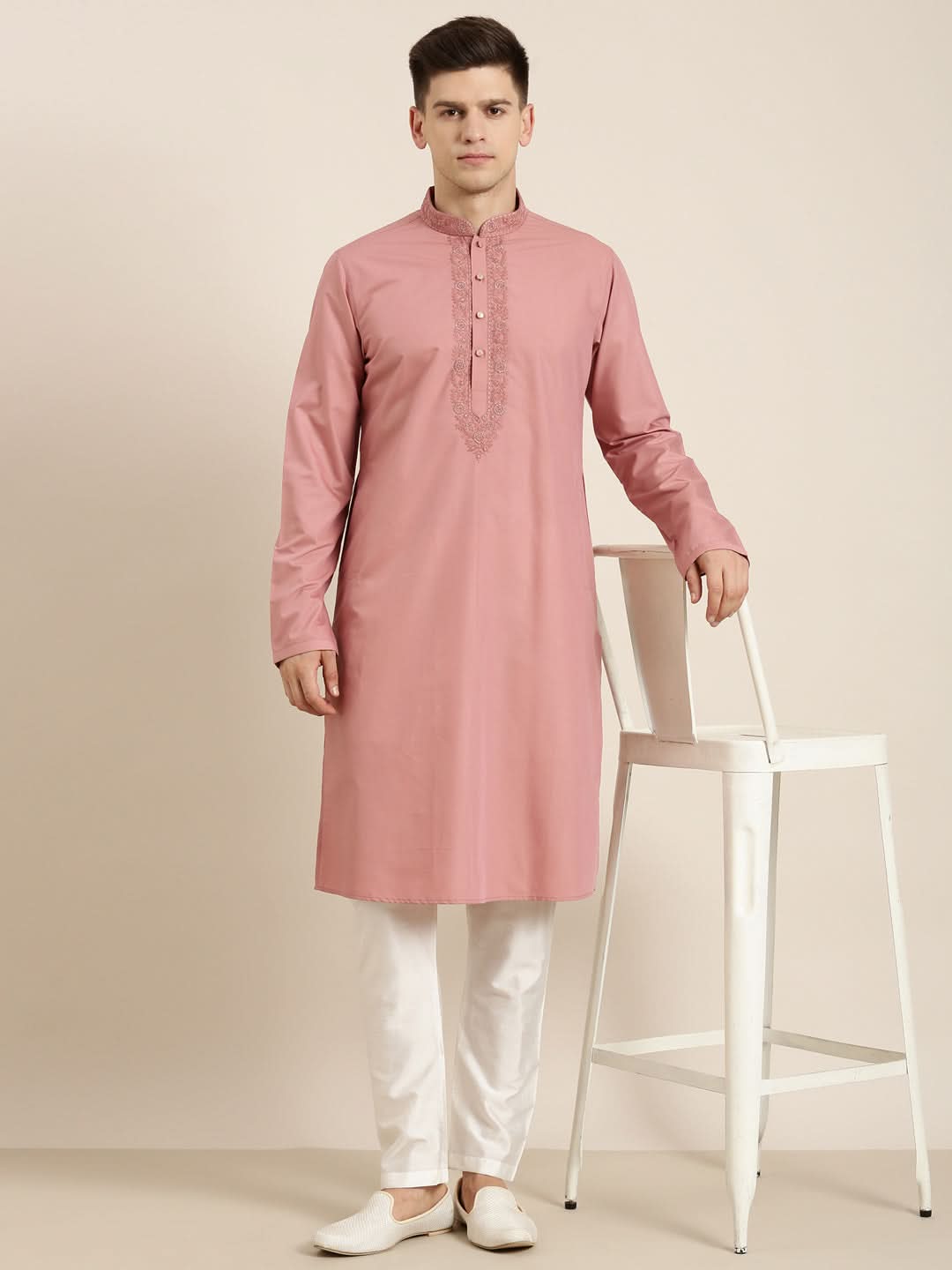 Rose Pink Cotton Dori Embroidered Kurta Set