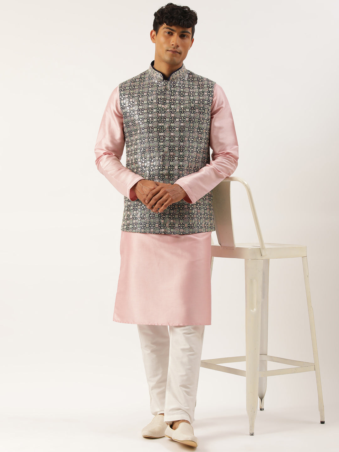 Navy Blue Embroidered Jacket Kurta Set