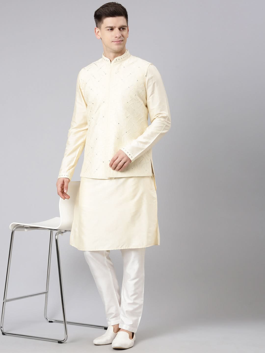 Beige Dori Embroidery Jacket Kurta Set