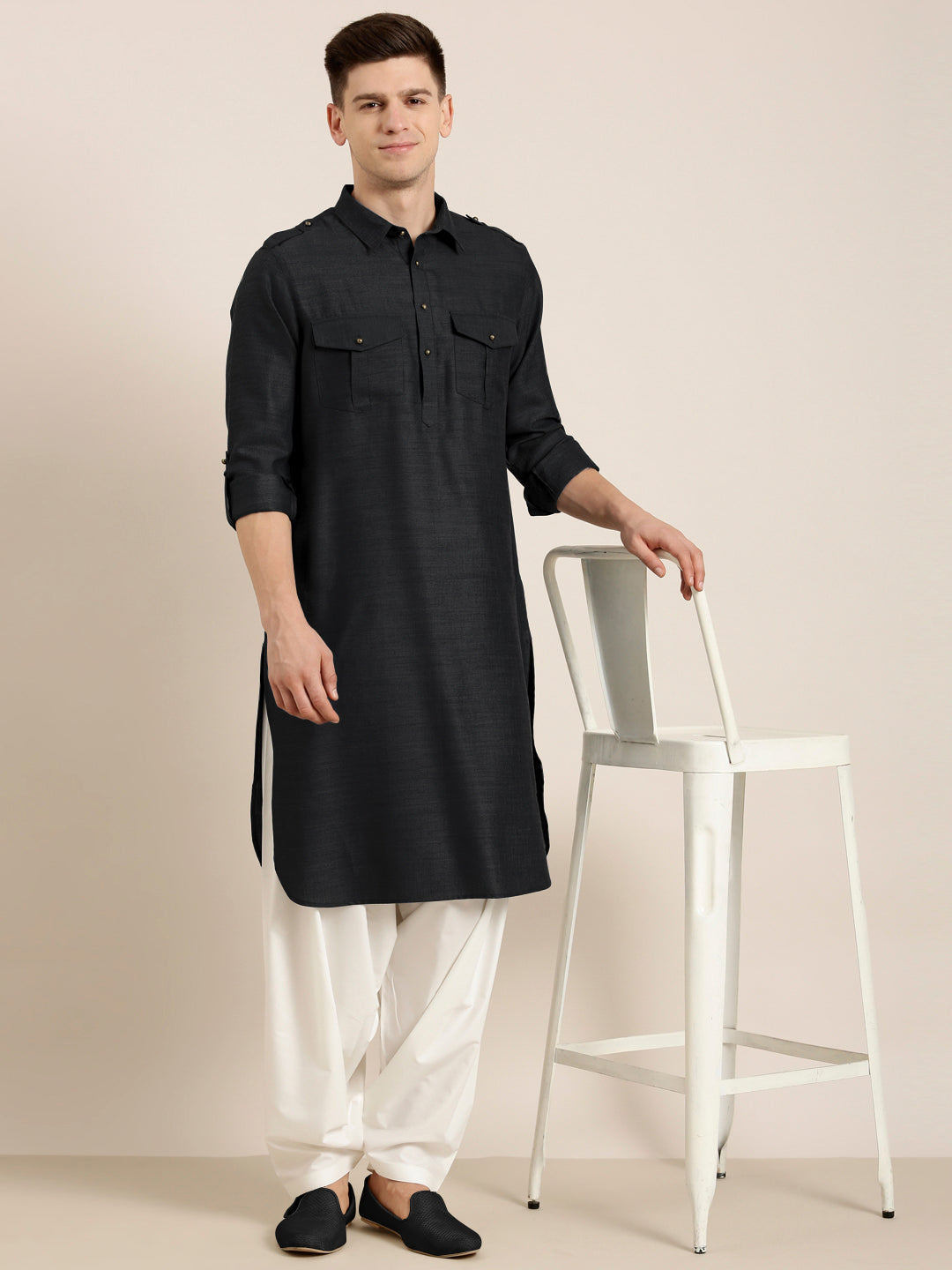 Black Cotton Pathani With Salwar