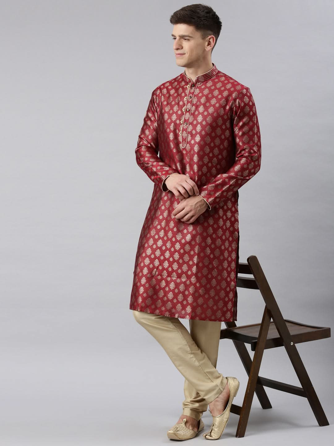 Maroon Jacquard Kurta Set