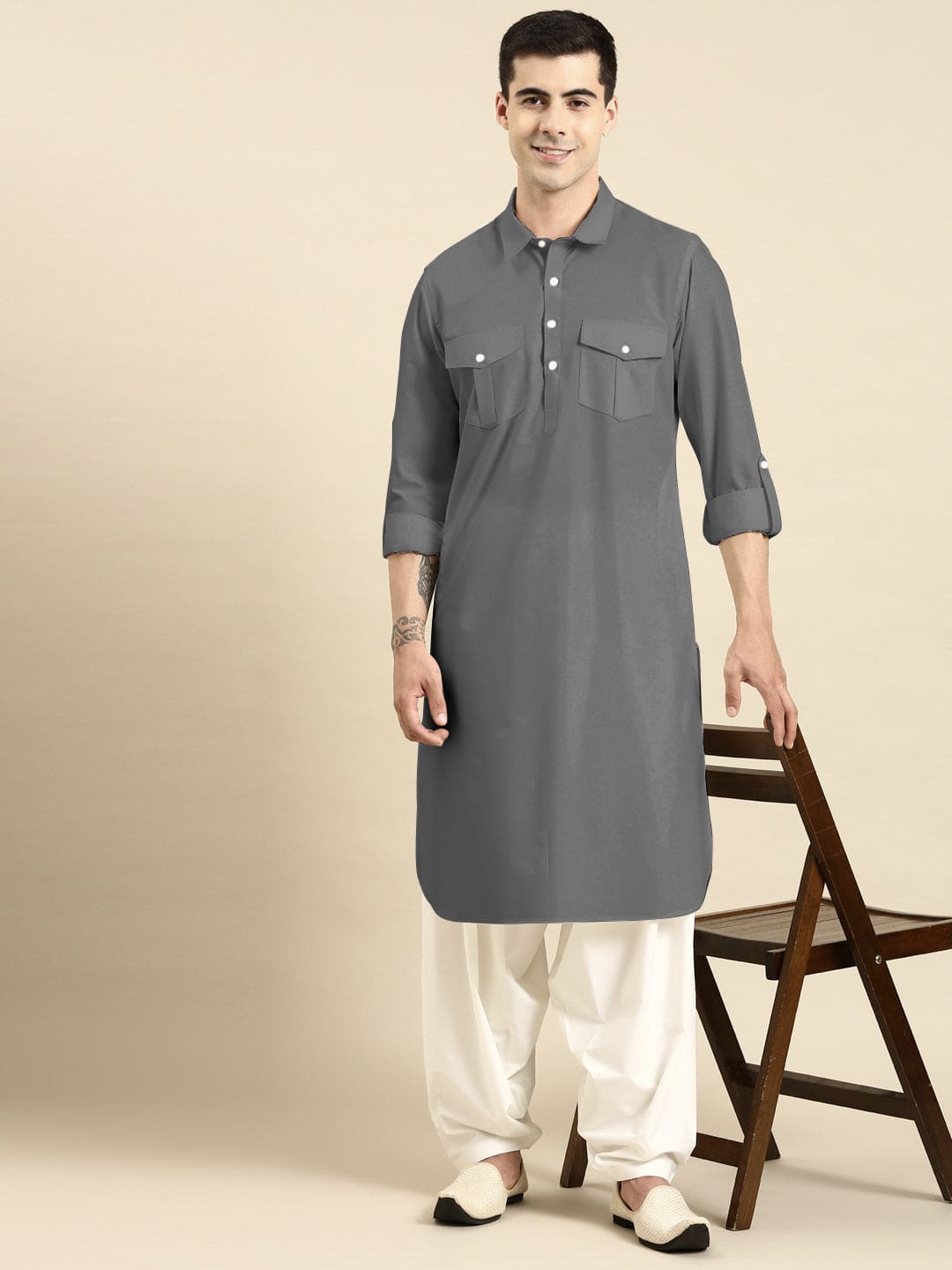 Grey Fine Cotton Pathani With Salwar