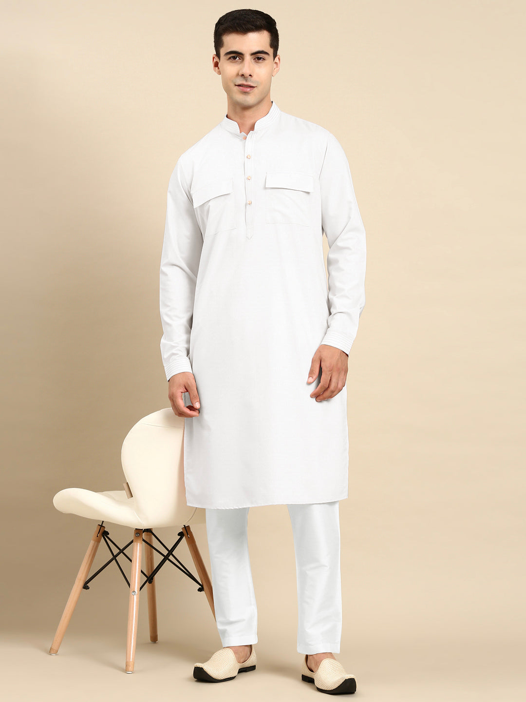 White Cotton Pathani Kurta Set with Patch pocket