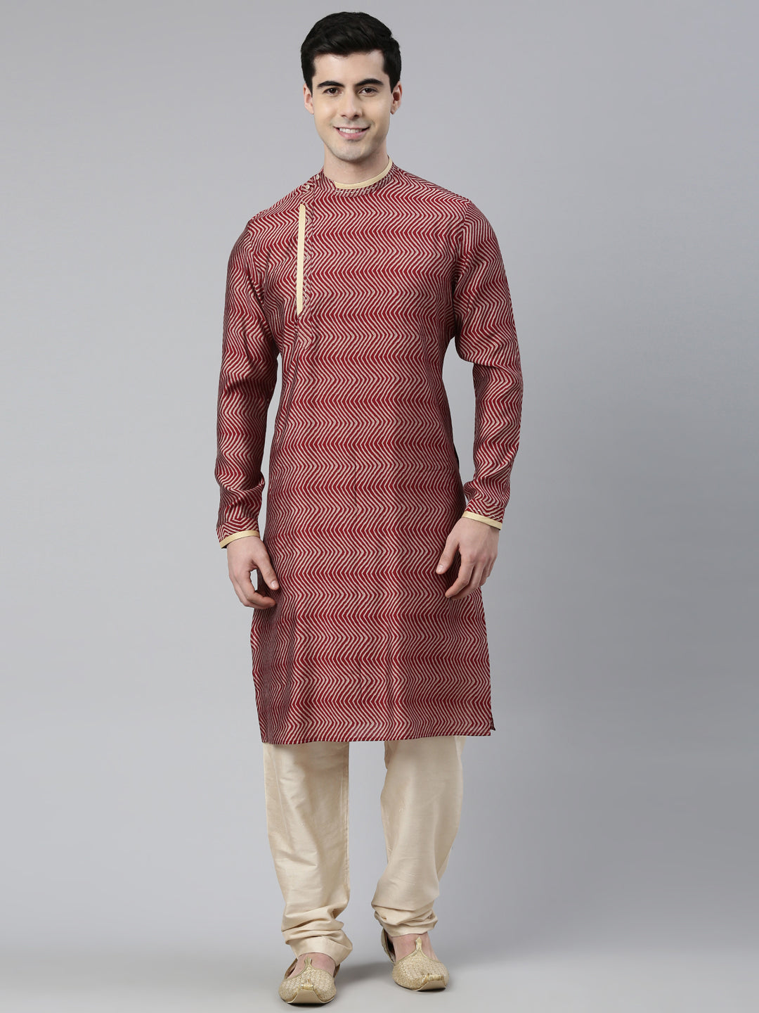 Maroon Harring Bone Block Printed Kurta Set