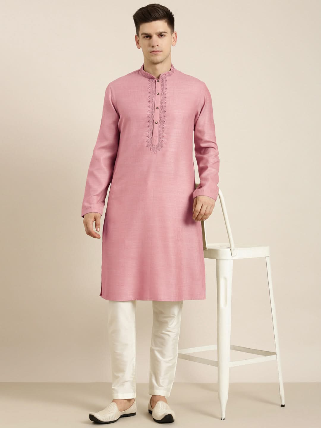 Old Rose cotton Dori Embroidered Kurta