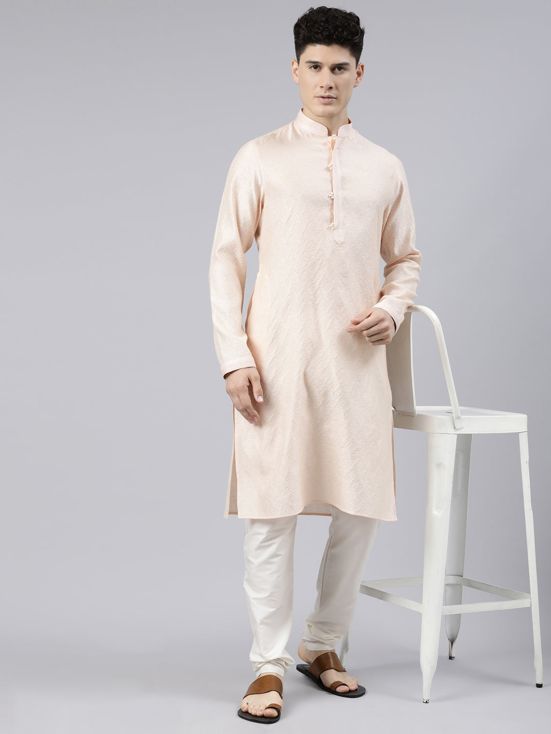 Light Peach Jacquard Kurta Set