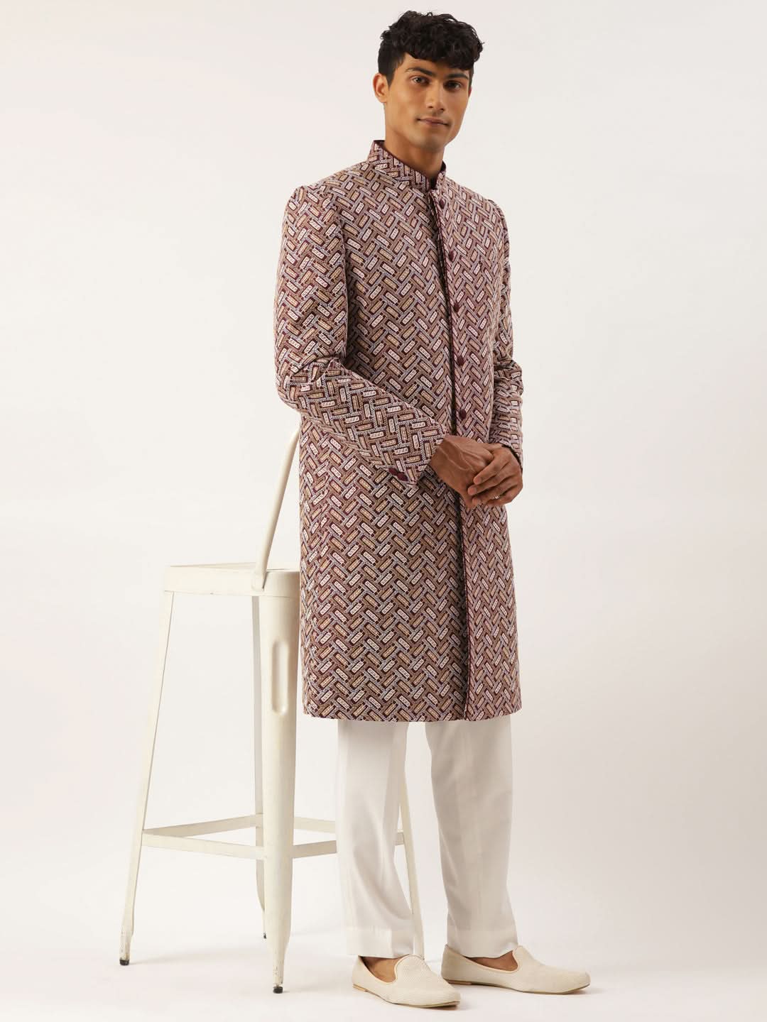 Wine Chikankari Embroidered Indo