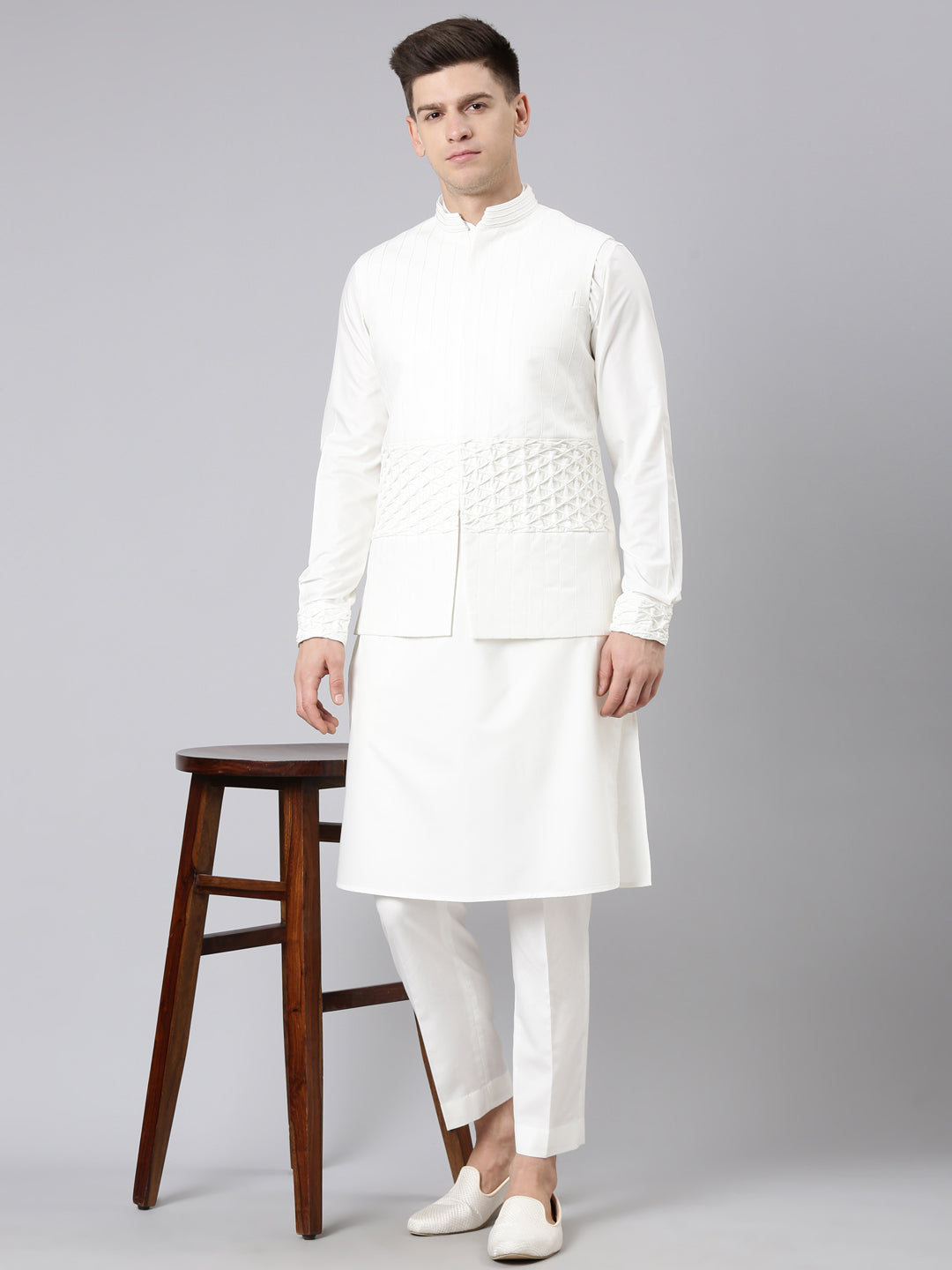 White Cotton Jacket Kurta Set