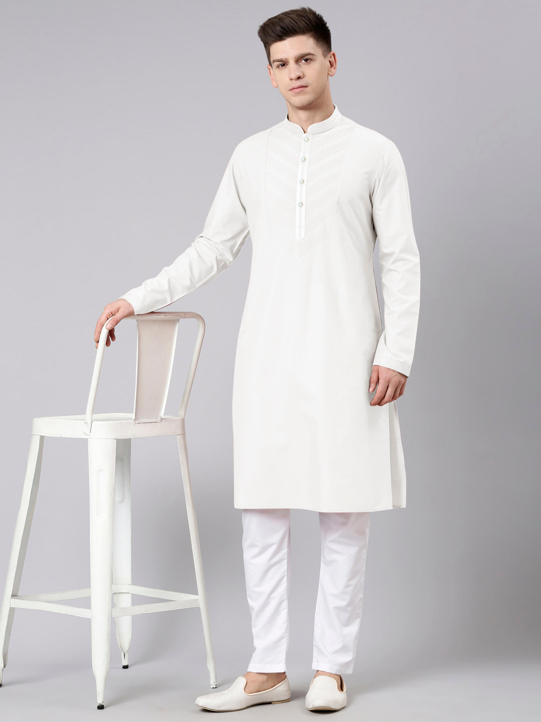 Off White Pleated Cotton Kurta Set