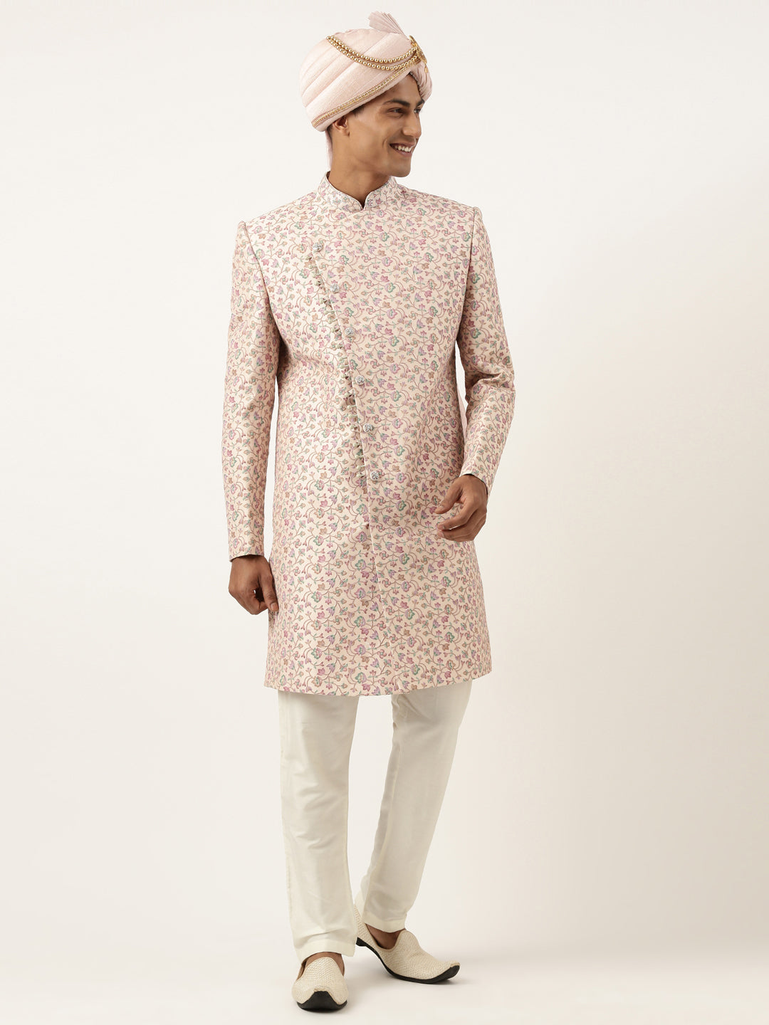 Peach Floral Angrakha Embroidered Indo