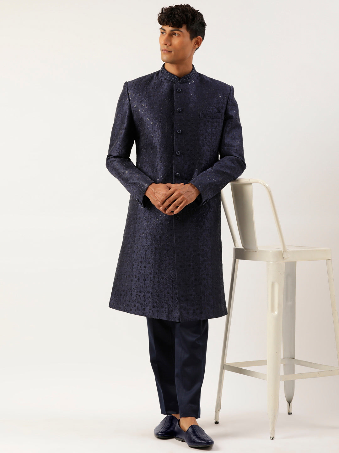 Navy Silk Embroidered Indowestern Set